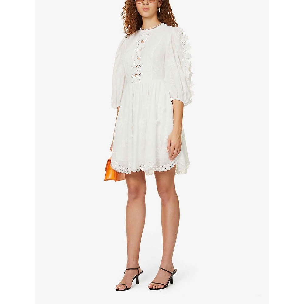 Zimmermann Aliane Embroidered Short Dress Ivory White 3D Floral Puff Sleeve Mini